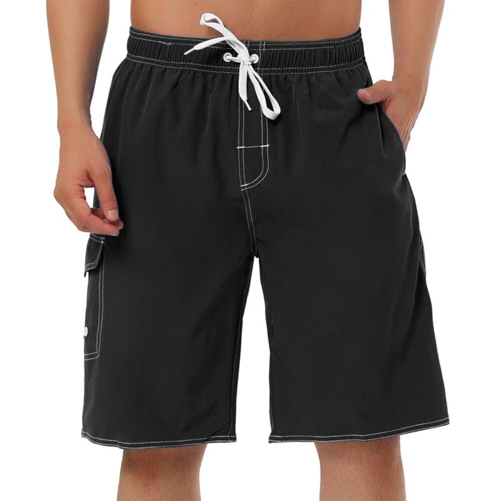 Summer Solid Shorts Drawstring Elastic Waist Swim Beach Board Shorts Black